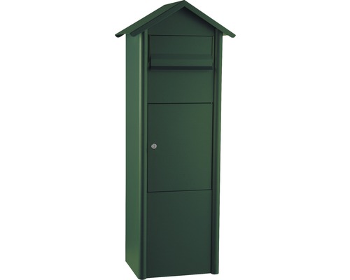 MEFA pakketbrievenbus, gepoedercoat staal, BxHxD 340/1100/282 mm, Dennengroen 485 RAL 6009 glanzend, toegang aan de voorzijde