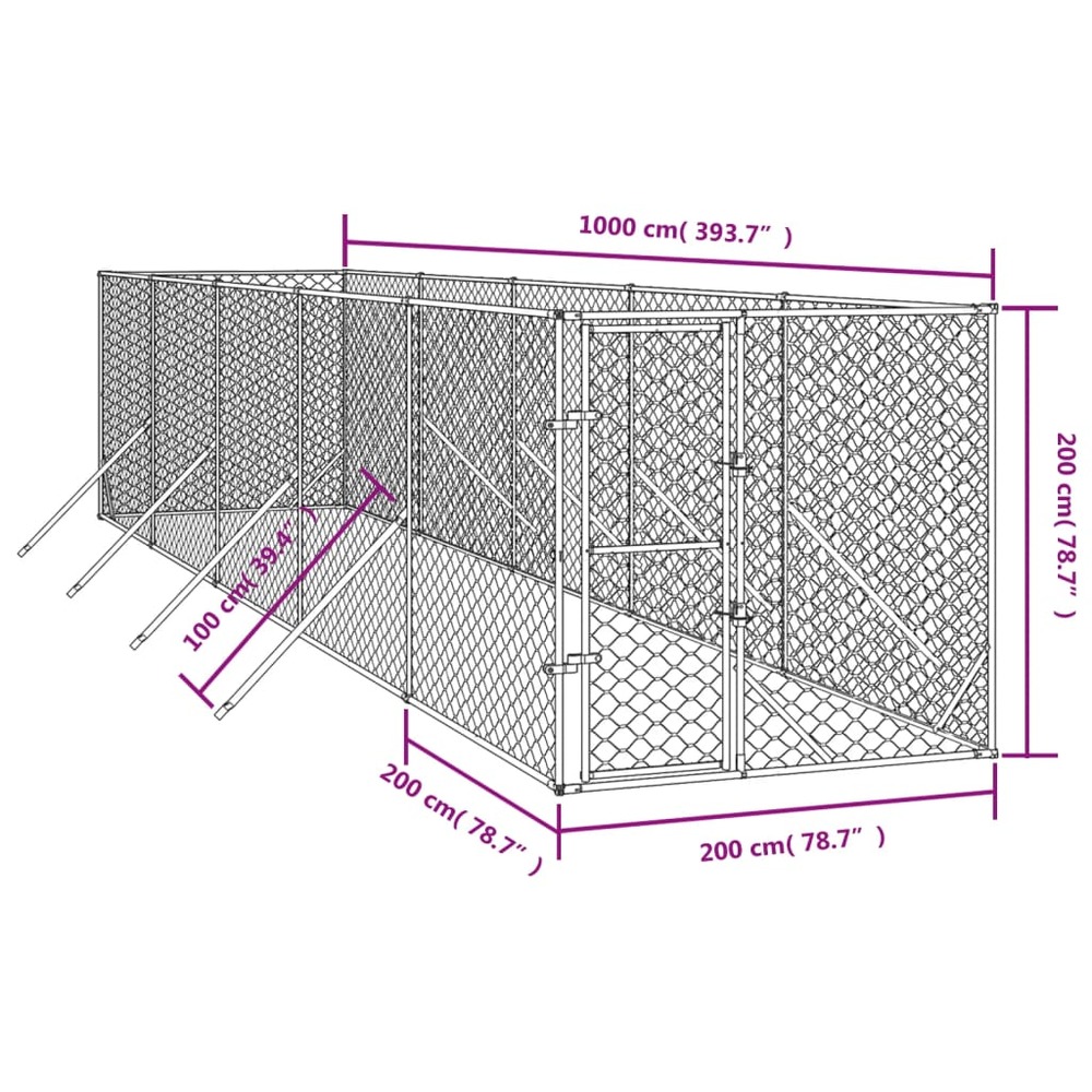 Chenil d'extérieur pour chiens argenté 2x10x2 m acier galvanisé