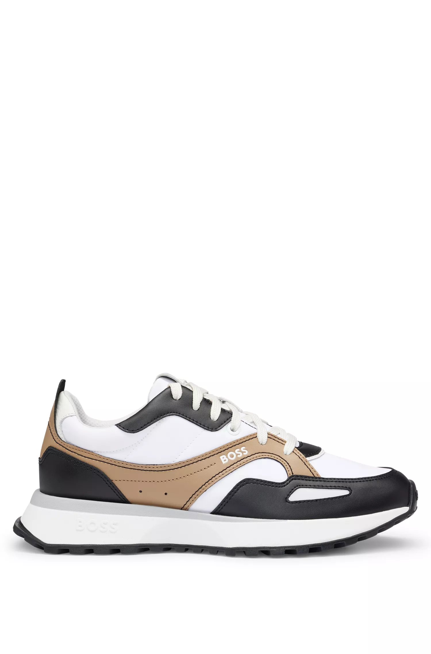 Tênis BOSS pretos em materiais mistos nas cores exclusivas.