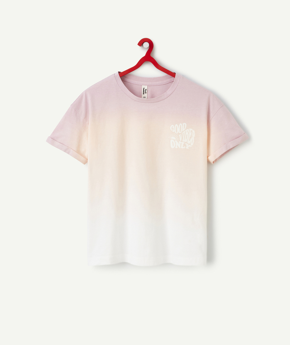 t-shirt fille en coton bio tie and dye mauve et rose avec messages