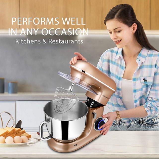 Batedeira de pedestal uhomepro de 7,5 QT para cozinha, 6 velocidades + 0 + P, cabeça inclinável, 660 W, batedeira elétrica para massa, uso doméstico e comercial, com gancho para massa, batedor, batedor de ovos, espátula, própria para lava-louças.