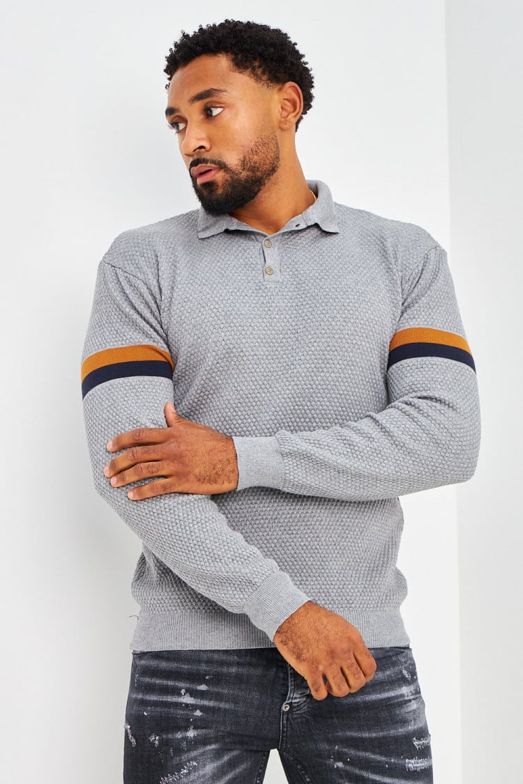 Polo gris en maille à relief manches longues à bandes