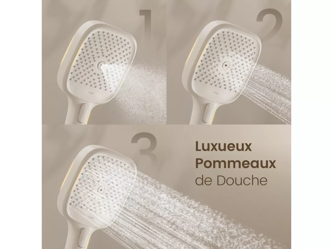 EMKE Colonne de douche avec thermostat 38℃ Douche pluie 40 cm étagère en verre avec 3+1 douchette parent-enfant+porte-douche - blanc