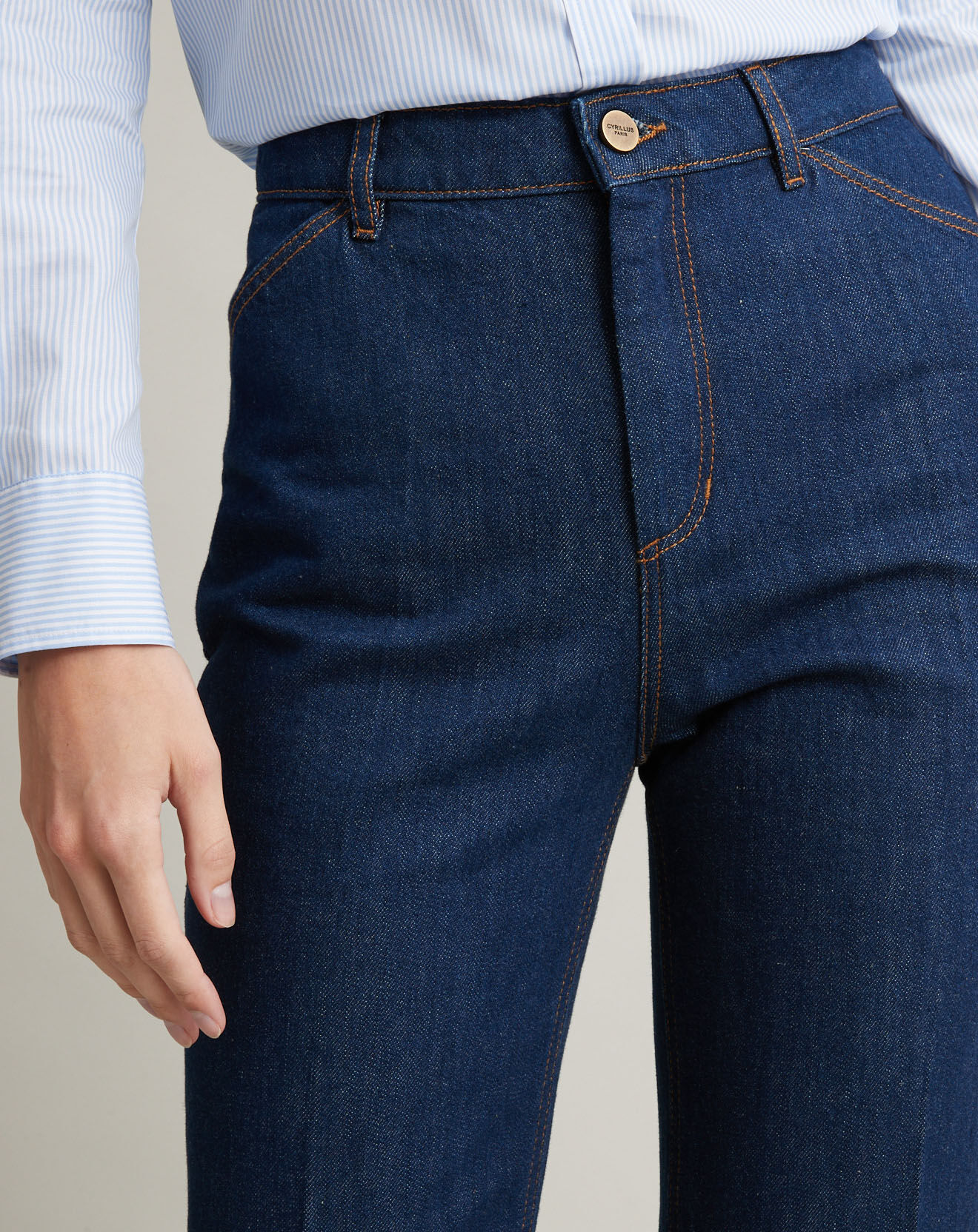 Cyrillus Jean évasé 100% Coton Bio délavé bleu foncé
