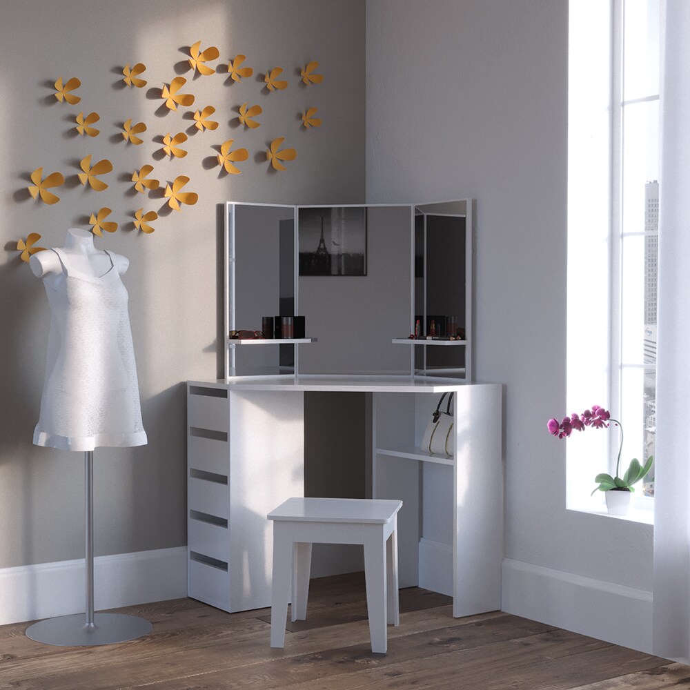 Vicco Eckschminktisch Frisiertisch Schminkkommode Arielle Weiß Spiegel 110x145 cm modern Schlafzimmer Kommode Schublade Ablage Aufbewahrung Kosmetiktisch Schminkkonsole Make-Up-Tisch