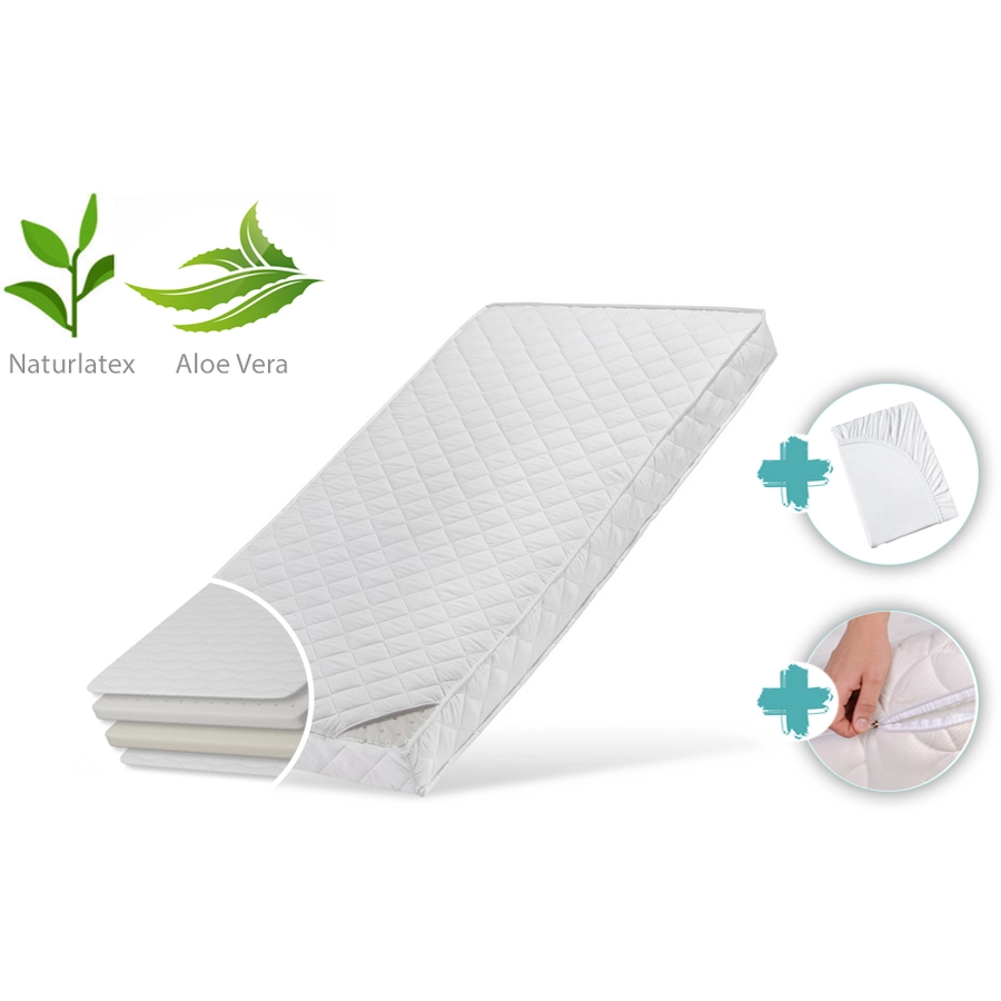 Kids Collective Kindermatratze 70x140 LATEX ROYAL mit Aloe Vera-Bezug, 10 cm hoch weiß mit Spannbettlaken