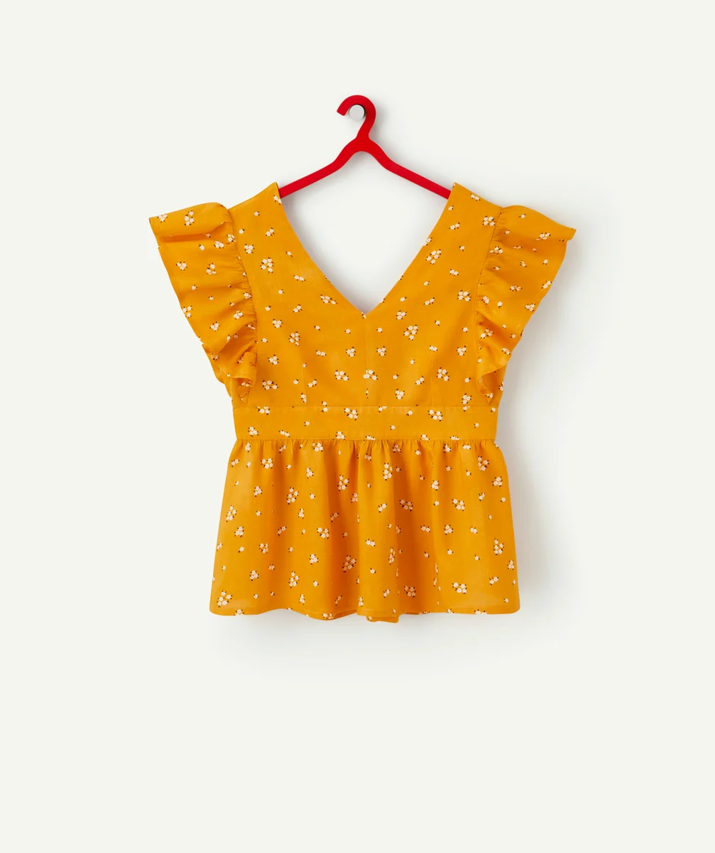 BLOUSE FILLE MOUTARDE EN VISCOSE RESPONSABLE AVEC IMPRIMÉ FLEURI