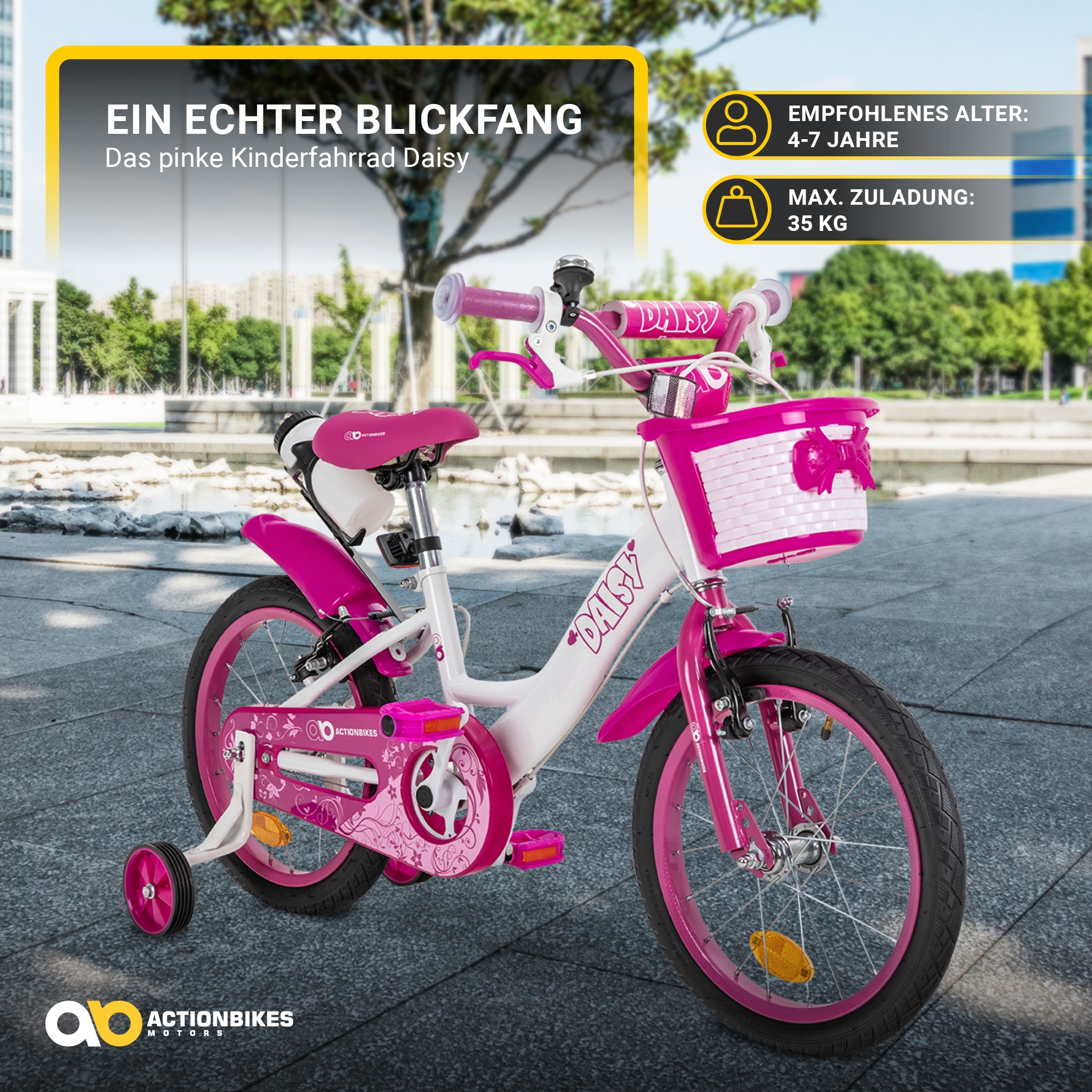 Actionbikes Kinderfahrrad Daisy 16 Zoll, pink, Stützräder, Korb, V-Brake-Bremsen, Antirutschgriffe (East)