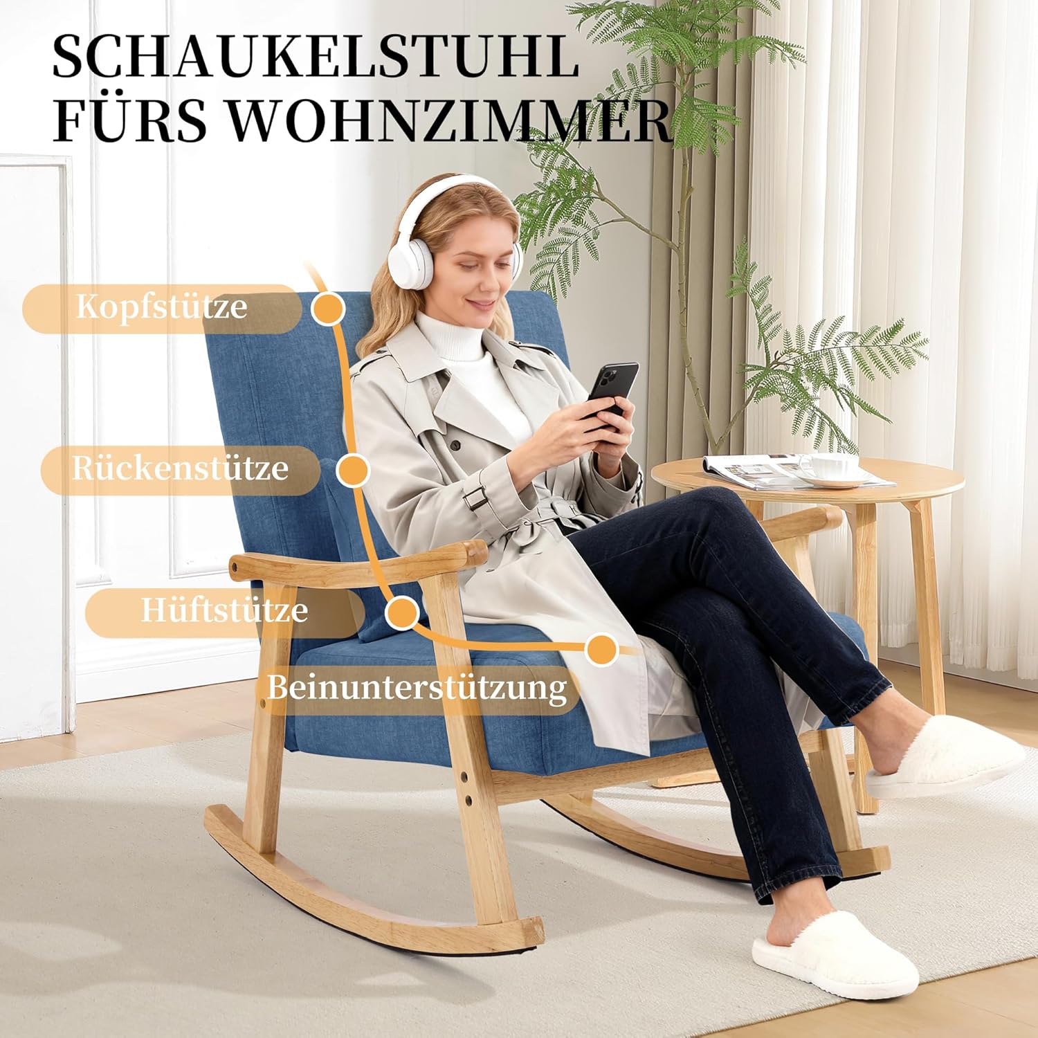 Mid-Century Modern Schaukelstuhl, Schaukelsessel mit Lendenkissen, Gepolsterter Stillsessel mit Holzarmlehnen & Holzbeinen, Bequemer Sessel für Wohnzimmer, Schlafzimmer & Babyzimmer, Blau