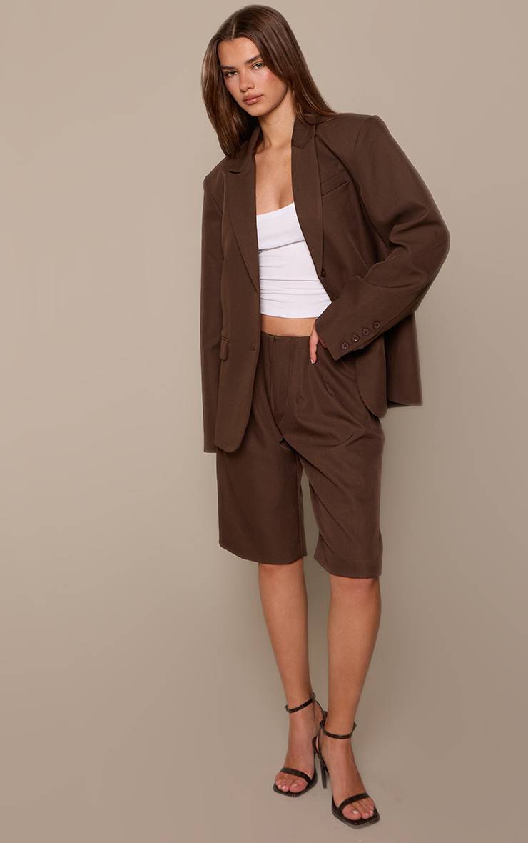 Marron Foncé Short Long Tailleur Tissé À Plis Coordonné