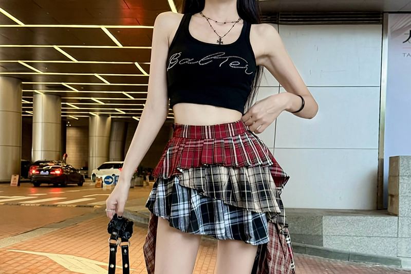 Maisee - Asymmetrische mini-A-lijn rok met hoge taille en geruit paneel