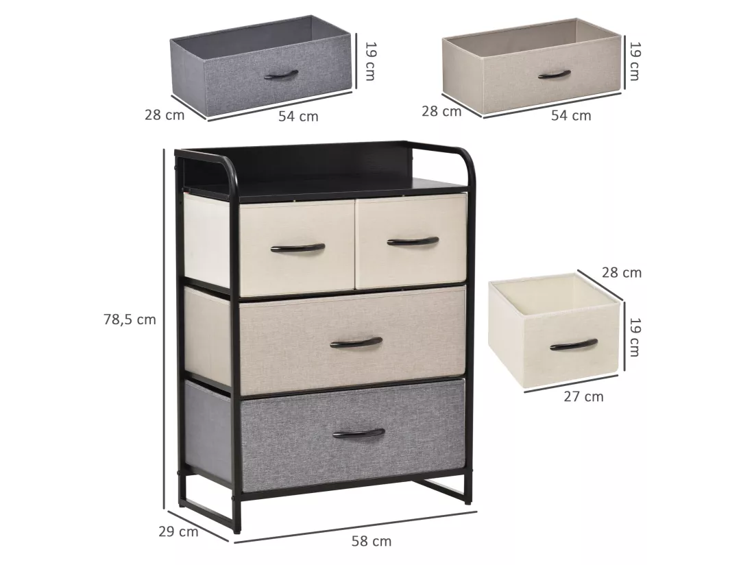 Meuble de rangement chiffonnier 4 tiroirs en tissu 58 x 29 x 78,5 cm noir gris écru beige
