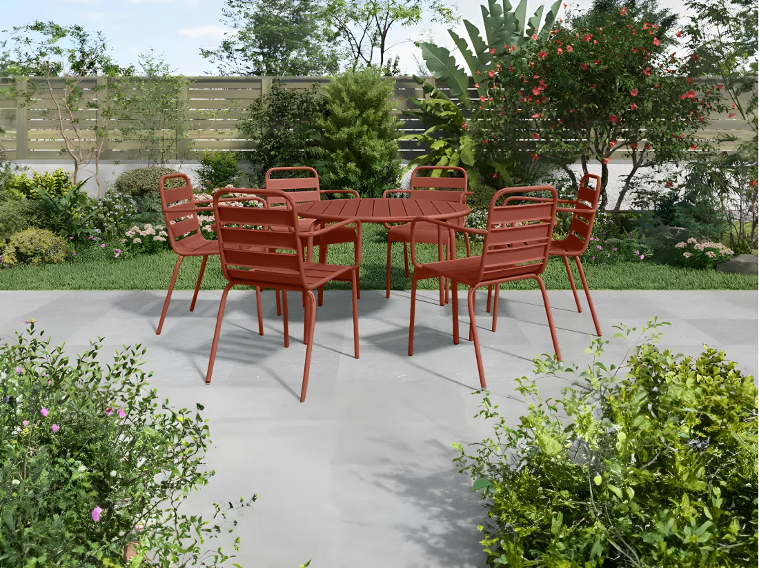 Salle à manger de jardin en métal - une table ronde D.130cm et 6 fauteuils empilables - Terracotta - MIRMANDE de MYLIA