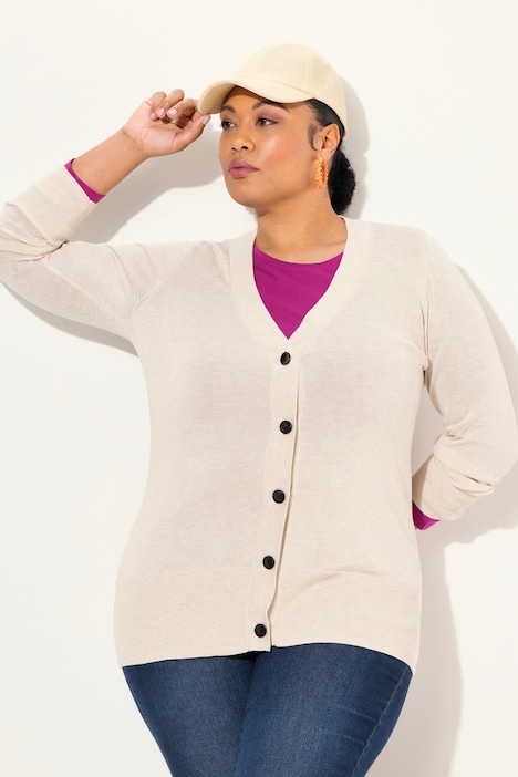 Strickjacke, V-Ausschnitt, Knopfleiste, Feinstrick