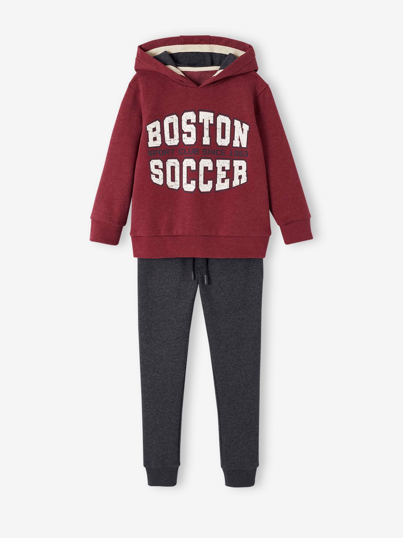 Conjunto de treino infantil: casaco com capuz em fleece vermelho mesclado e calça de moletom.
