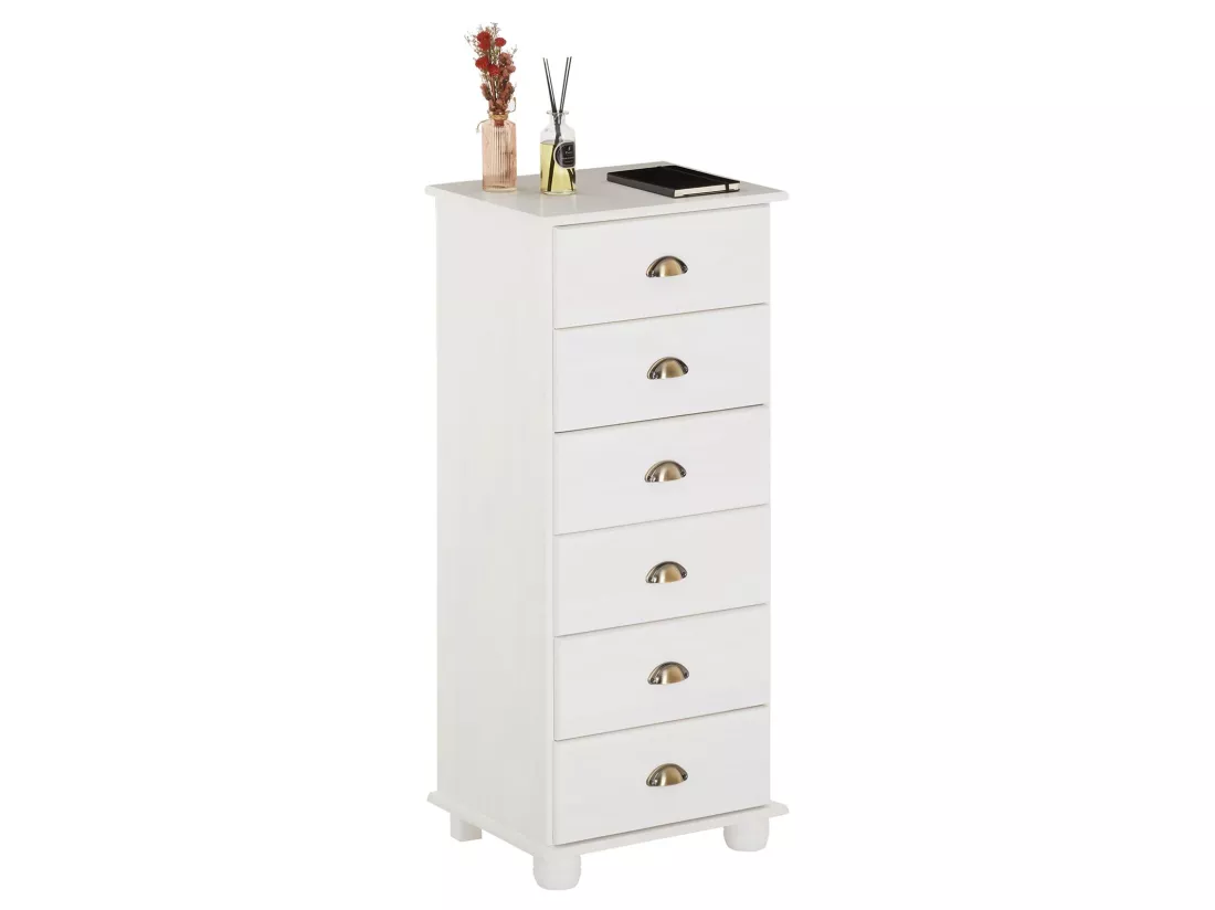 Chiffonnier COLMAR commode apothicaire avec 6 tiroirs de rangement, en pin massif lasuré blanc
