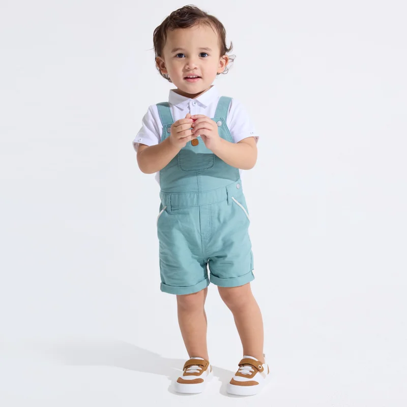 Salopette courte verte et polo maille piquée blanc bébé garçon Vert