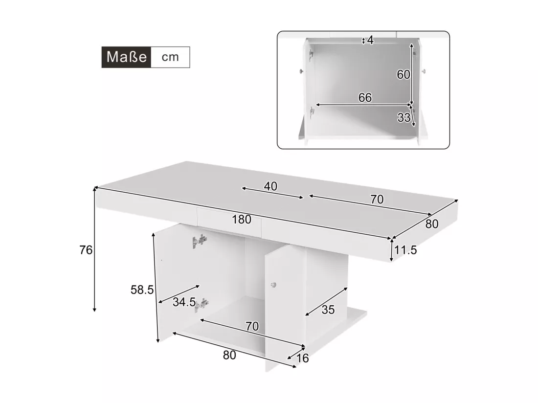 Table à manger extensible - 4 à 8 personnes - avec espace de rangement - panneaux de particules blanc - 140/180x80x76cm