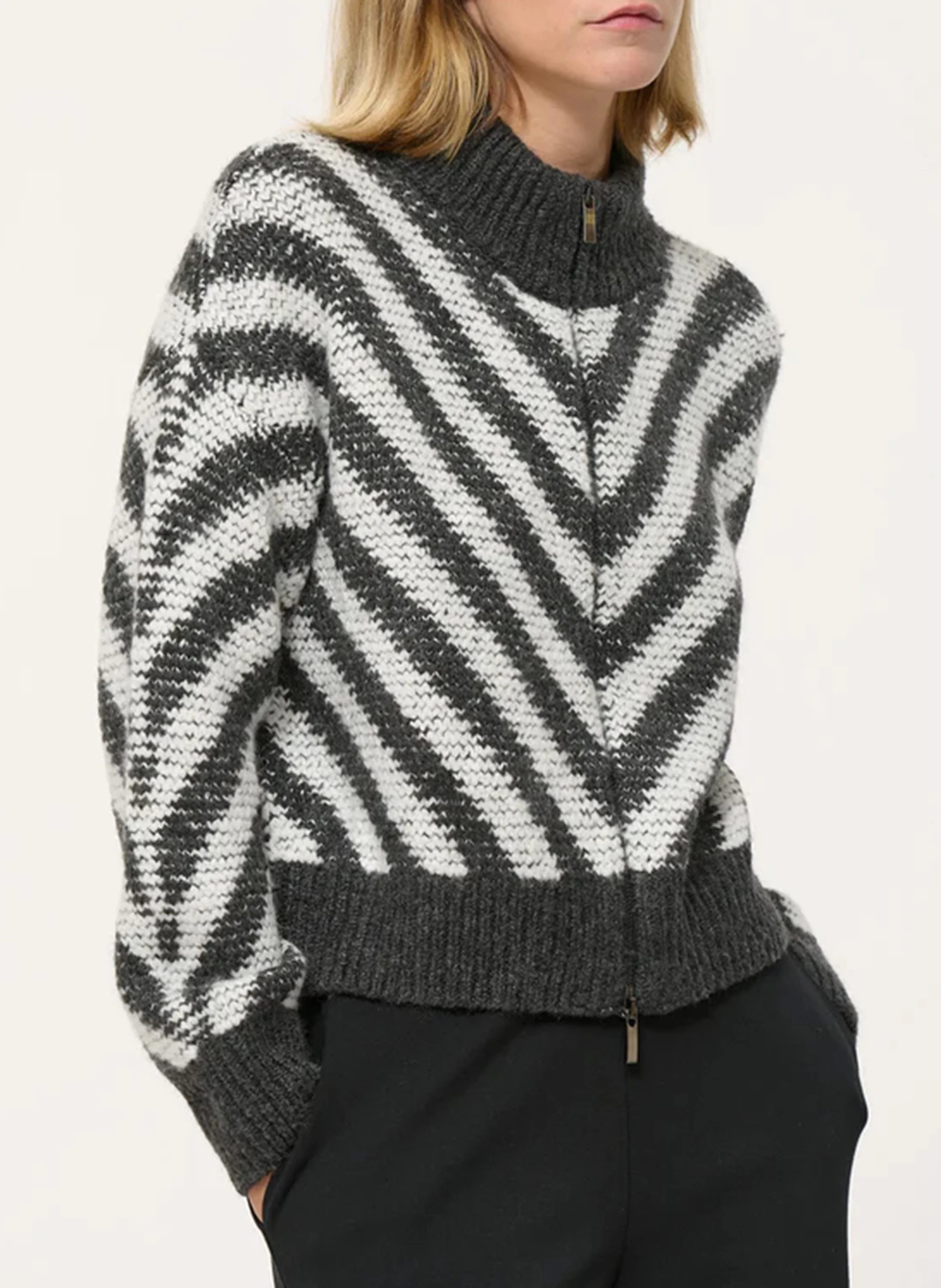 Gilet col montant motif chevrons | Gris