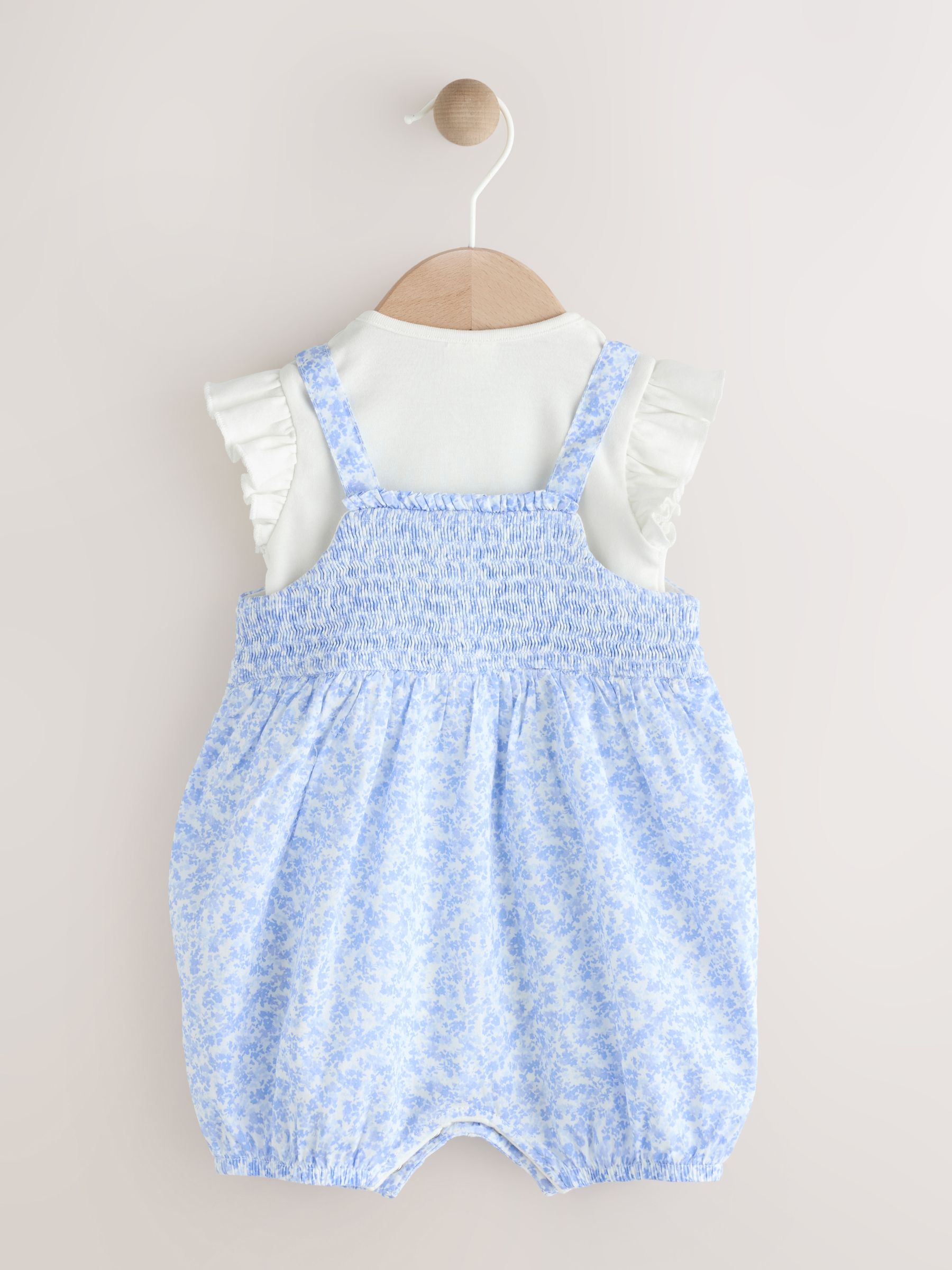 Blauw/wit met bloemenprint - Babyset van rompertje met korte mouwen en bretelbroek (0mnd -2jr)
