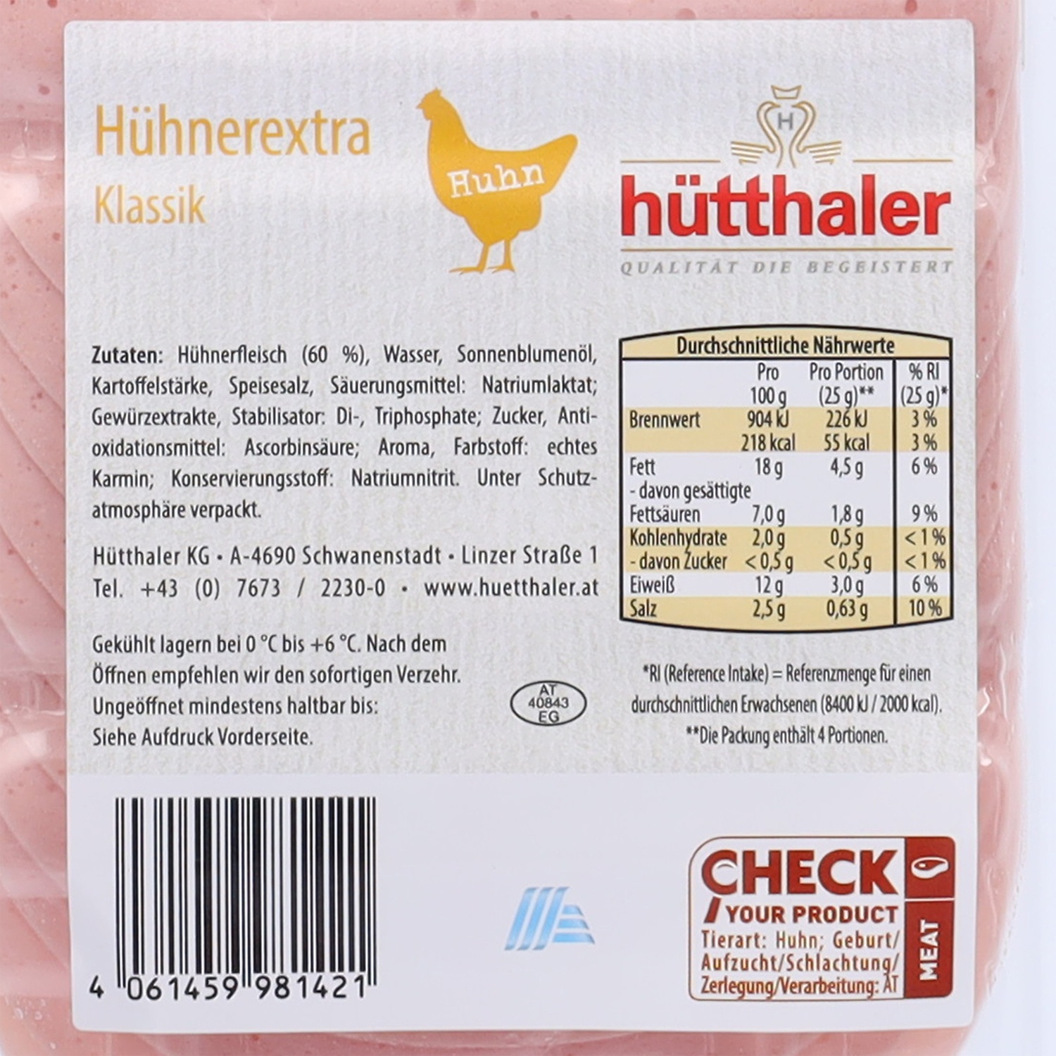 GENUSS 100% AUS ÖSTERREICH Hühner-Extrawurst, Klassik 100 g