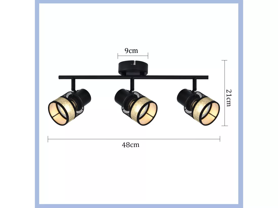NETTLIFE Plafonnier 3 spots de E27 métal max. 25W noir - doré vintage abat-jour en tissu rotatif à 330° pour salon chambre cuisine couloir escaliers