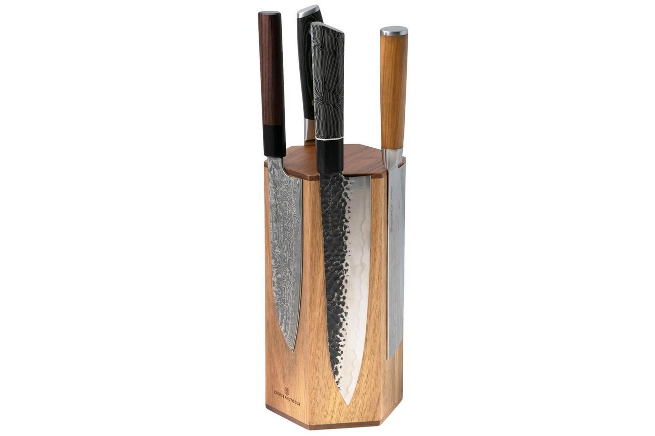 Knivesandtools Magnetic Knife Block B200-24, 6-zijdig magnetisch messenblok, acaciahout