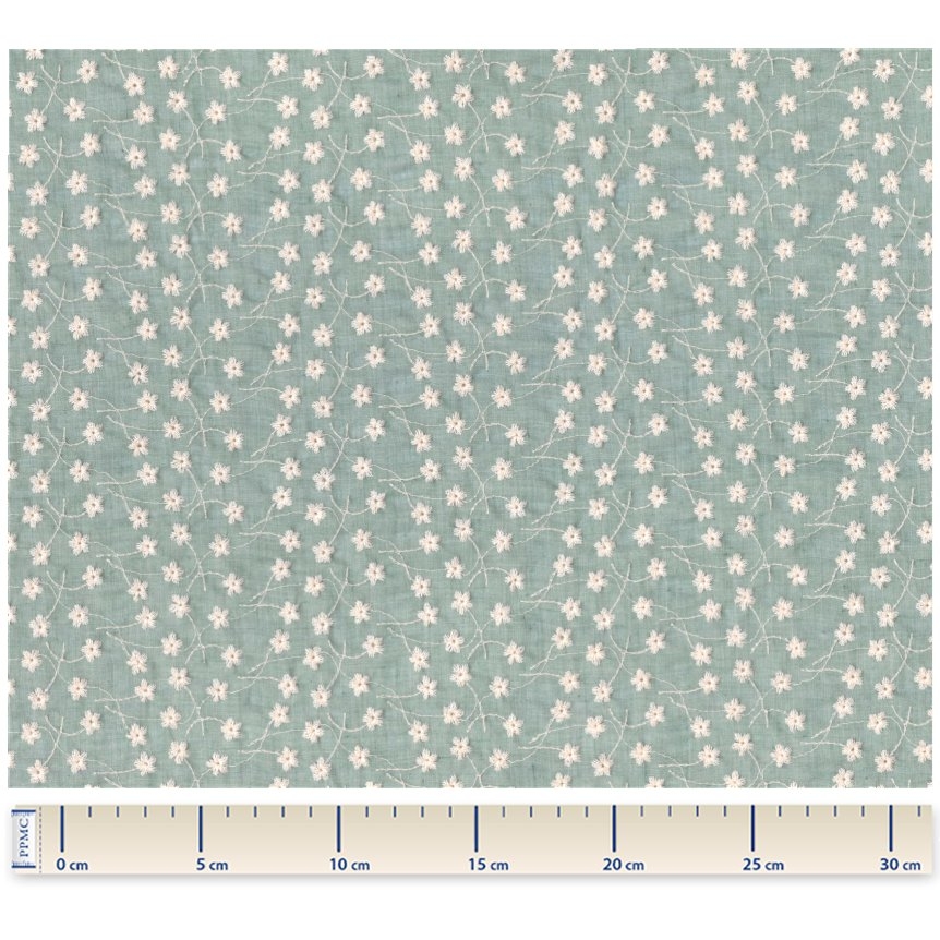 Tissu Coton Au Mètre Ex2500 Broderie Fleurie Vert D'eau