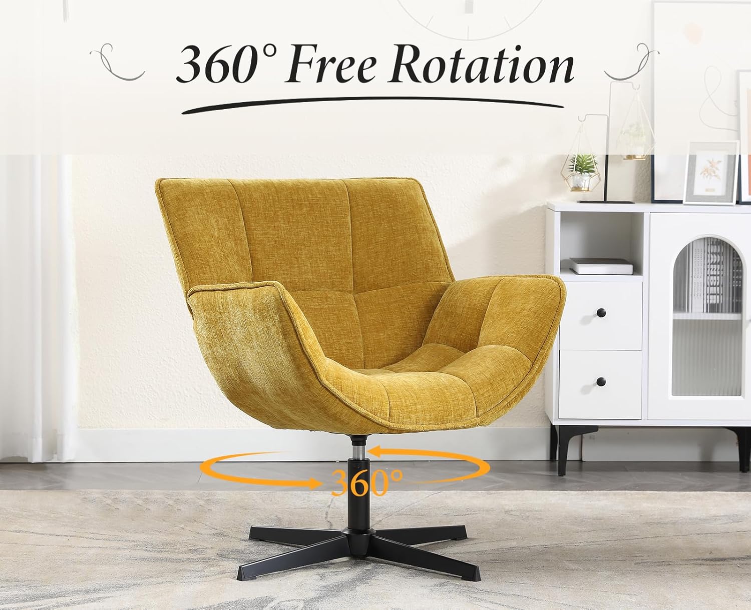 chairus Loungesessel Armlehnstuhl Sessel für Wohnzimmer Drehbarer Ohrensessel aus Chenille Polsterstuhl Akzentsessel mit Metallbeinen Schlafzimmer (Gelb)