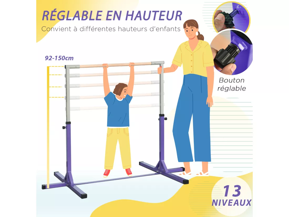 Barre fixe de gymnastique enfant - barre de gymnastique hauteur réglable 13 niveaux 92 à 150 cm - acier violet bois massif hêtre