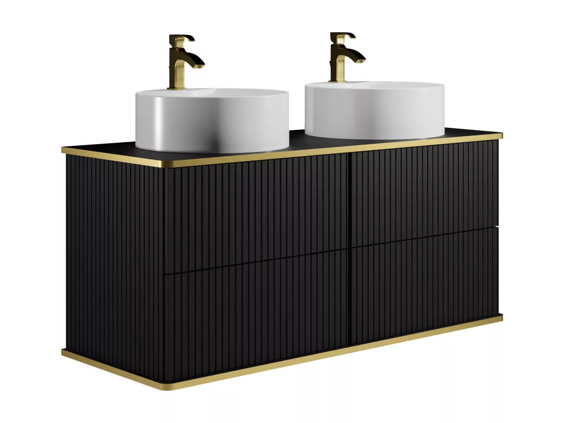 Meuble de salle de bain suspendu strié liseré doré avec double vasque à poser ronde - Noir - 120 cm - KELIZA