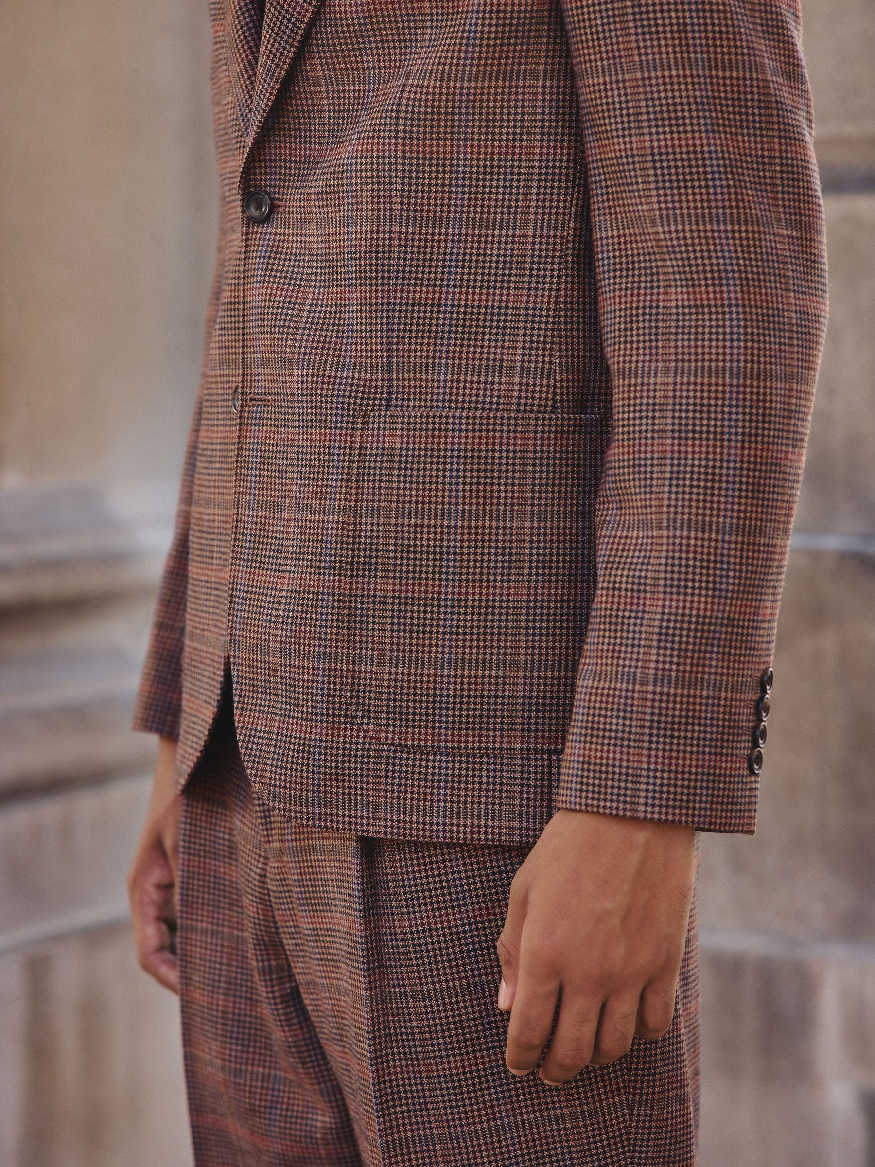 Bruin/rood - Slim fit wolmix geruit pak: jack