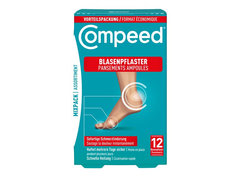 Compeed Blasenpflaster Mixpack 12 Stück Feuchtigkeitsabsorbierende, hygienische Pflaster für sofortige Schmerzlinderung