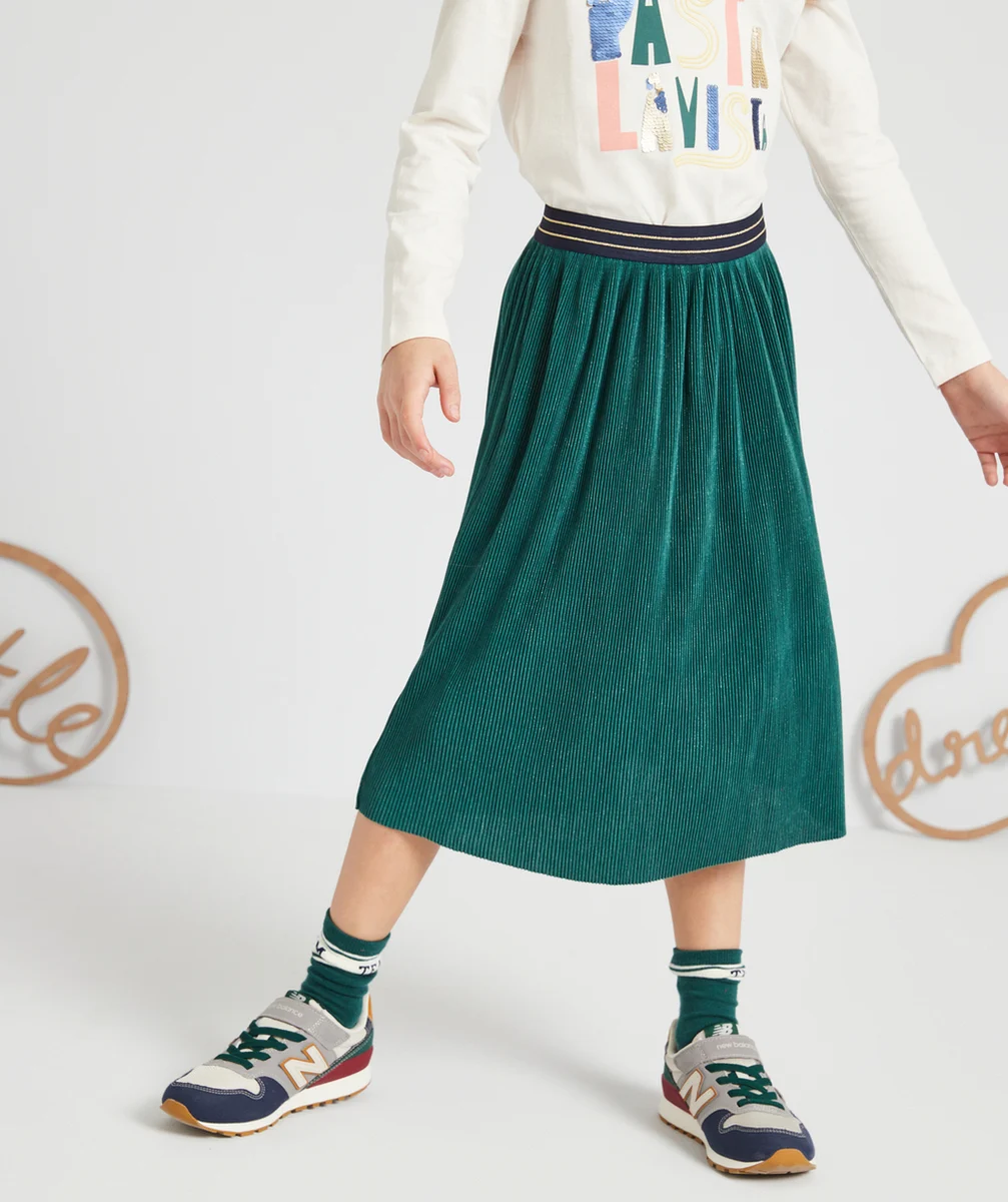 JUPE LONGUE FILLE PLISSÉE VERTE PAILLETÉE