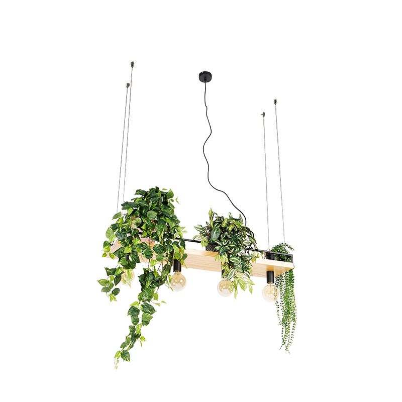 Industriële hanglamp zwart met hout 4-lichts - Shelf