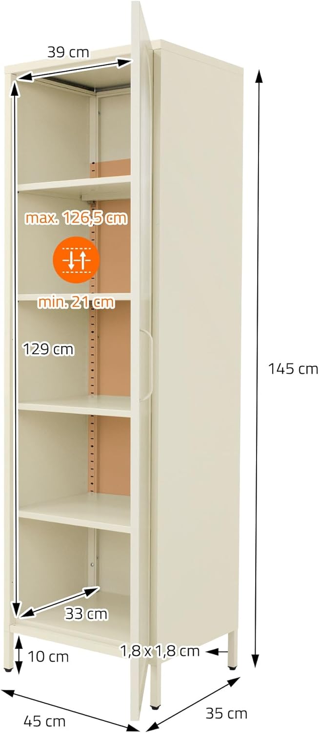 ML-Design Vitrinenschrank 45x145x35 cm, Creme, Schmale Vitrine mit 5 Ablagen und 1 Tür, Metallschrank aus Stahl, Küchenschrank Aktenschrank Büroschrank, Hochschrank für Esszimmer, Wohnzimmer, Büro