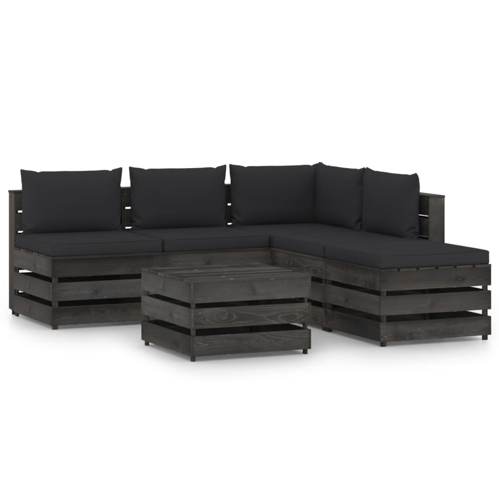 Salon de jardin meuble d'extérieur ensemble de mobilier 6 pièces avec coussins bois imprégné de gris