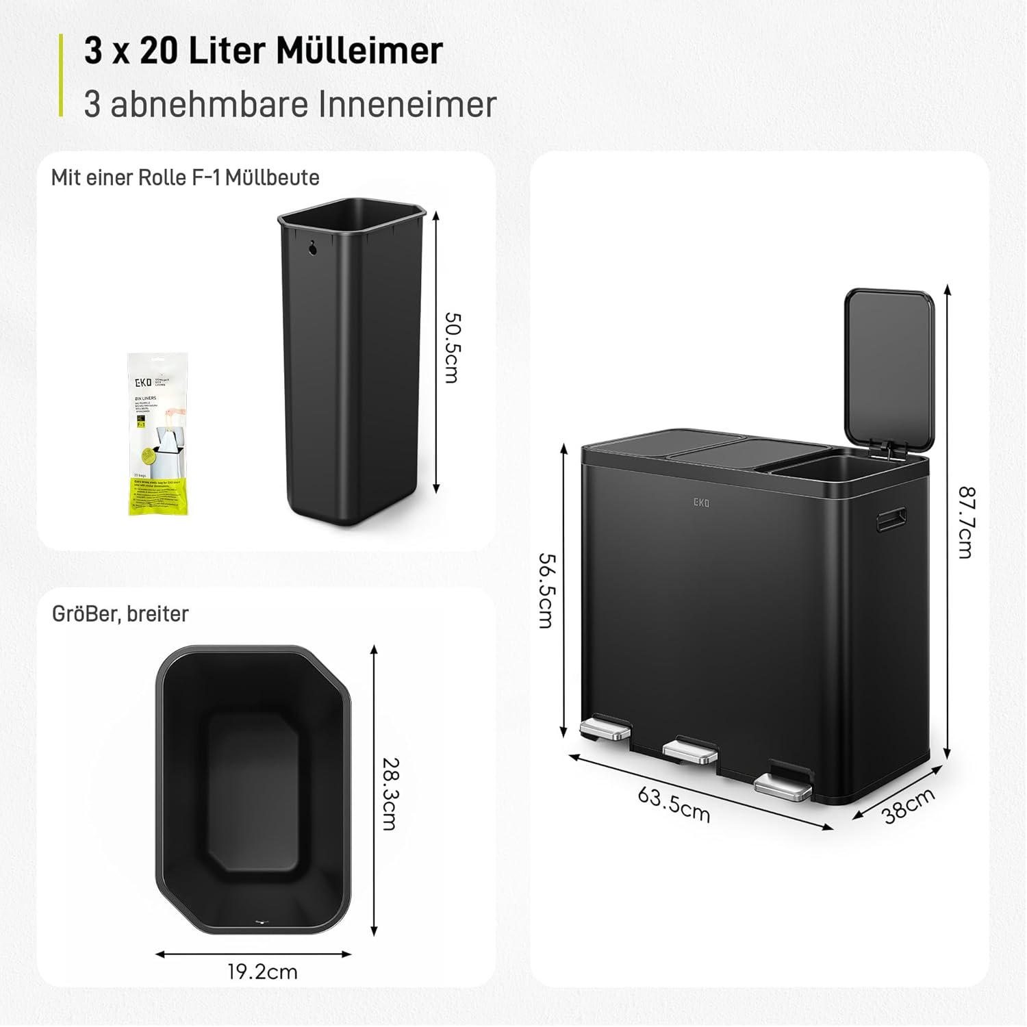 EKO Essential Mülleimer 3 Fächer, 3 x 20 Liter, Mülltrennsystem Küchentretmülleimer, inklusive 20 Müllsäcke, Großraum Abfalleimer mit Deckel, sanftem Schließen und luftdicht, Mattschwarz Edelstahl