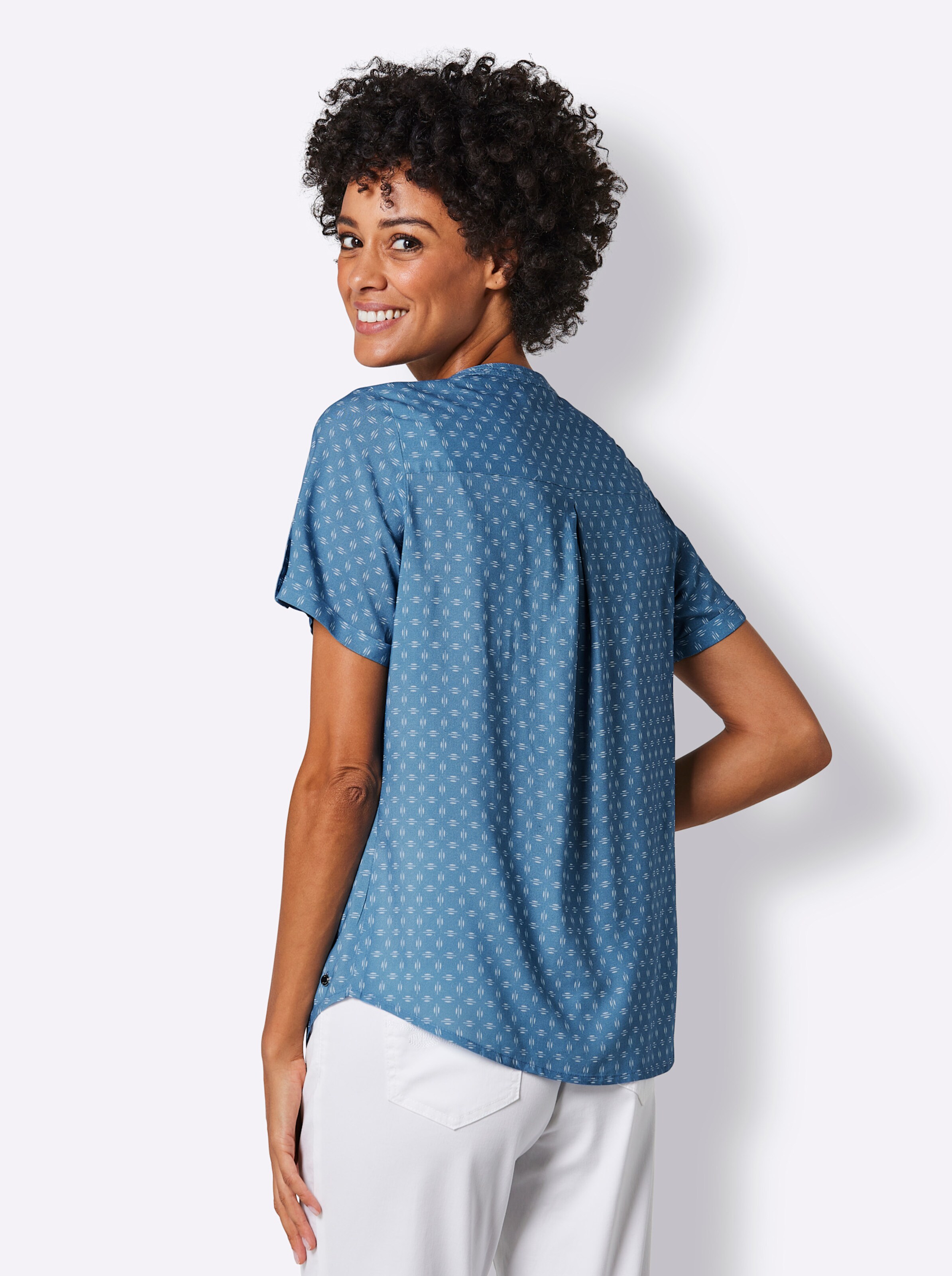 CREATION L PREMIUM Modal-Bluse in mittelblau-weiß-bedruckt