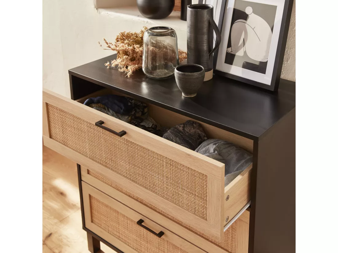 Commode noire et cannage 80 x 40 x 80cm - Bianca - 3 tiroirs