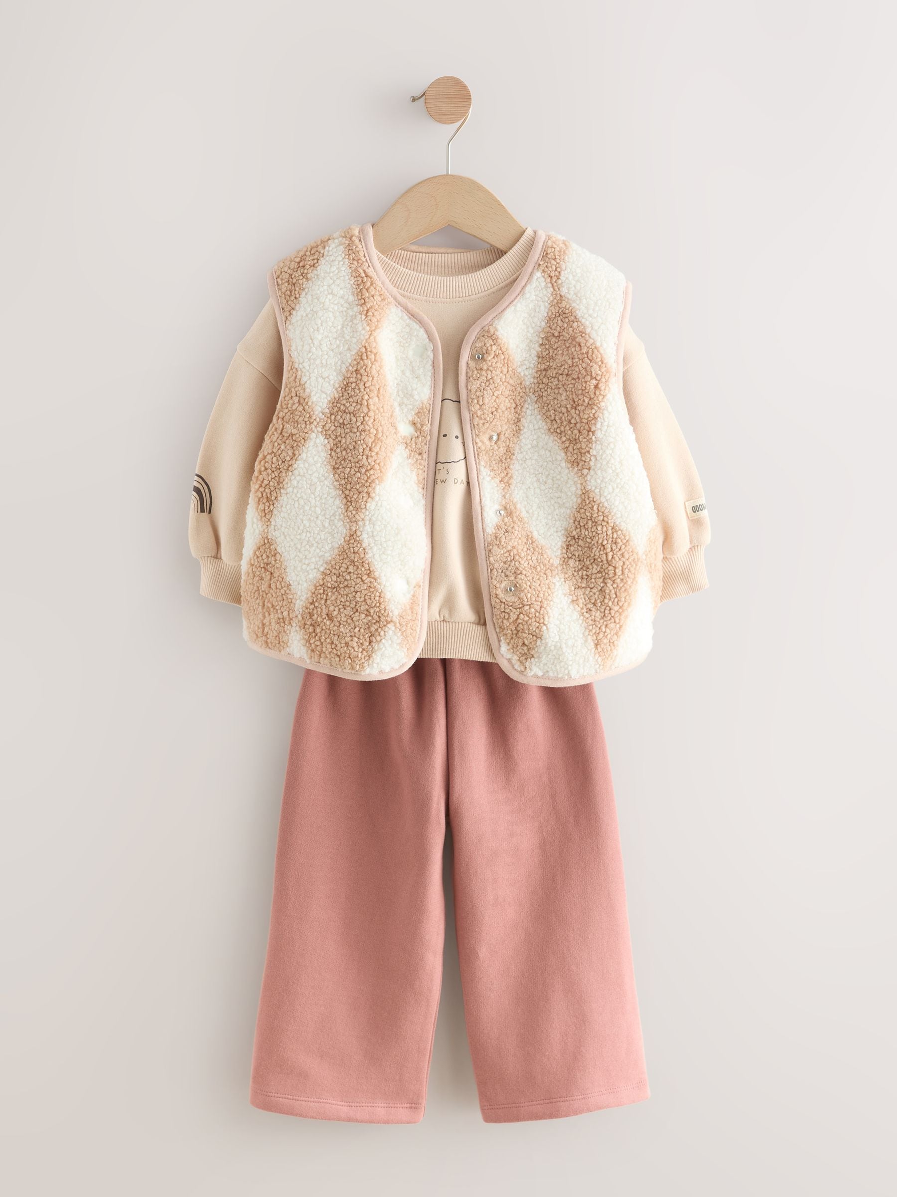 Neutral Teddy Bear - Gilet, Sweatshirt & Wide Leg Joggers 3 Piece Set (3mths-7yrs)