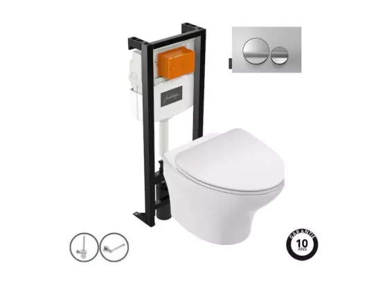 Pack WC suspendu sans bride JACOB DELAFON Nouvelle vague+ bâti-support + plaque Chrome brillant/Chrome mat + accessoires