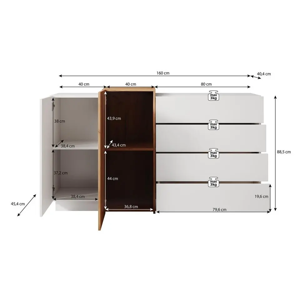 Meubella - Dressoir Three - Wit - Eiken - 160 cm