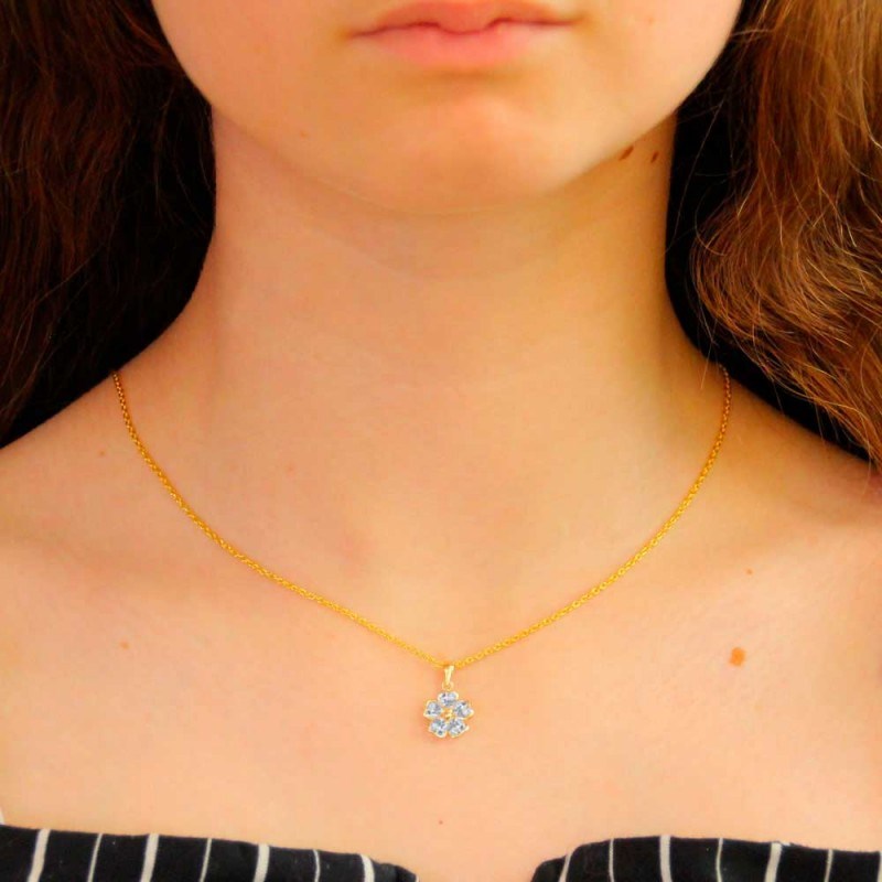 Collier - Pendentif Or Jaune et Zirconiums - Motif Fleur - Chaine Dorée