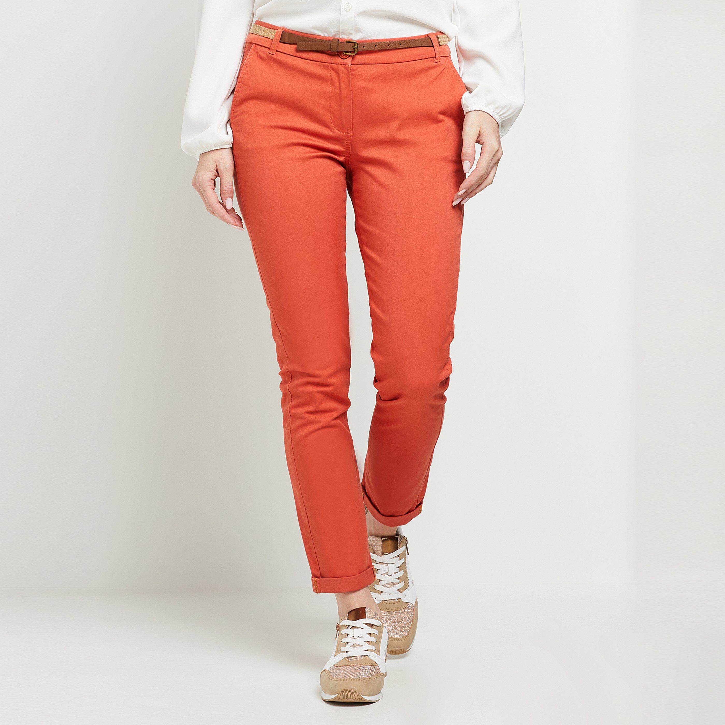 Pantalon chino avec ceinture femme - ORANGE