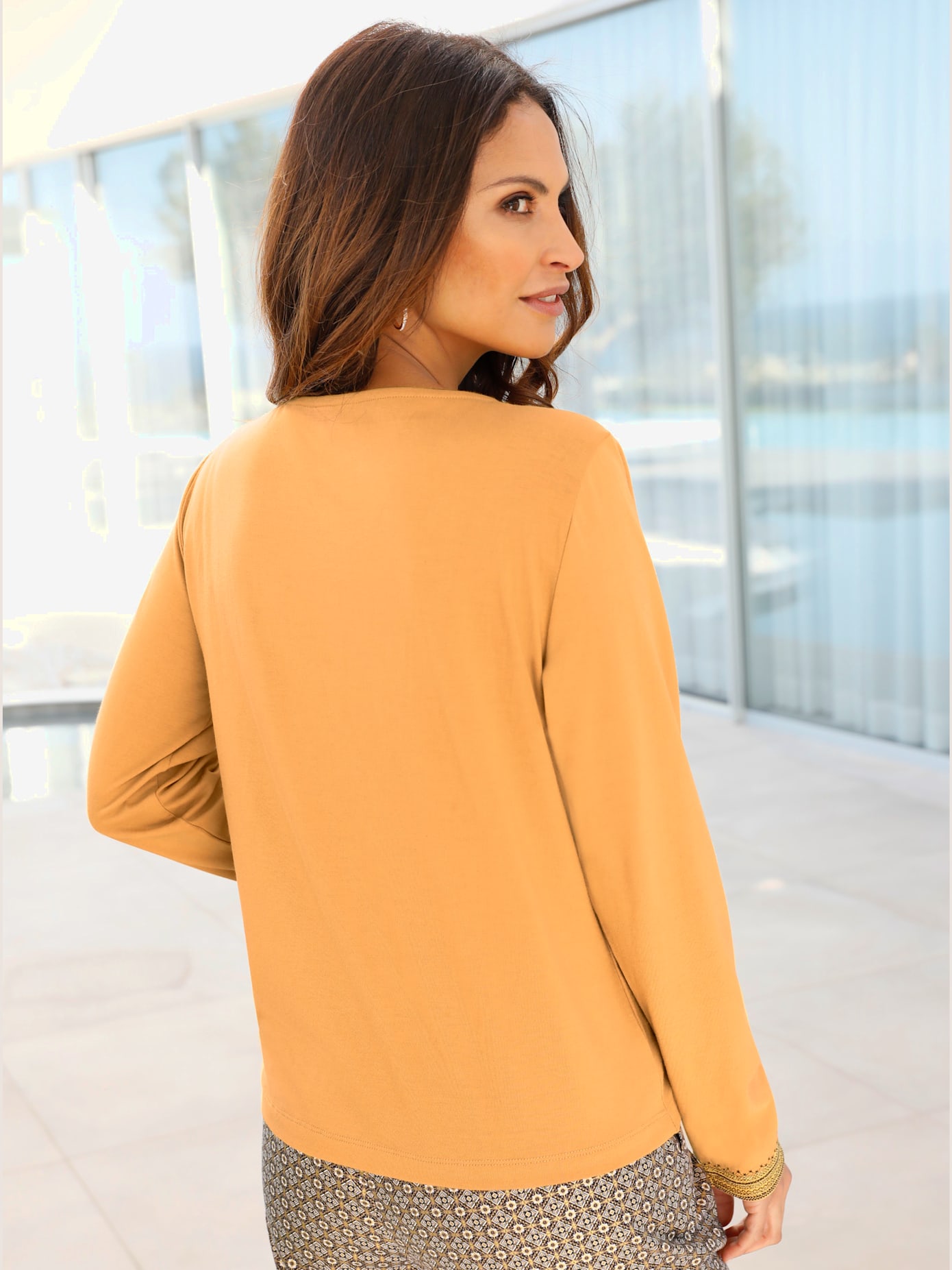 T-shirt brodé mélange coton-modal col rond manches longues