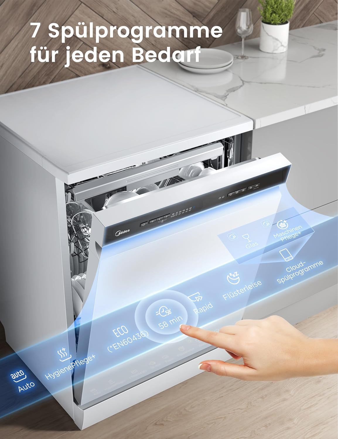 Midea SF 7.60NW14B Geschirrspüler 60cm Freistehend & Unterbaufähig, 14 Maßgedecke, 8 Programme, Spülmaschine 60 cm mit WIFI, 42 db, Hygienepflege+, Dualzone Wash, Extra Trocknen