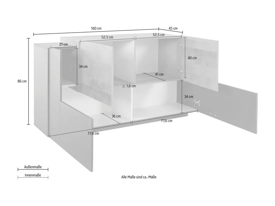 Buffet Dlenz, Buffet de cuisine avec 2 portes et 2 tiroirs, Buffet de salon, 100% Made in Italy, 160x45h86 cm, Blanc brillant