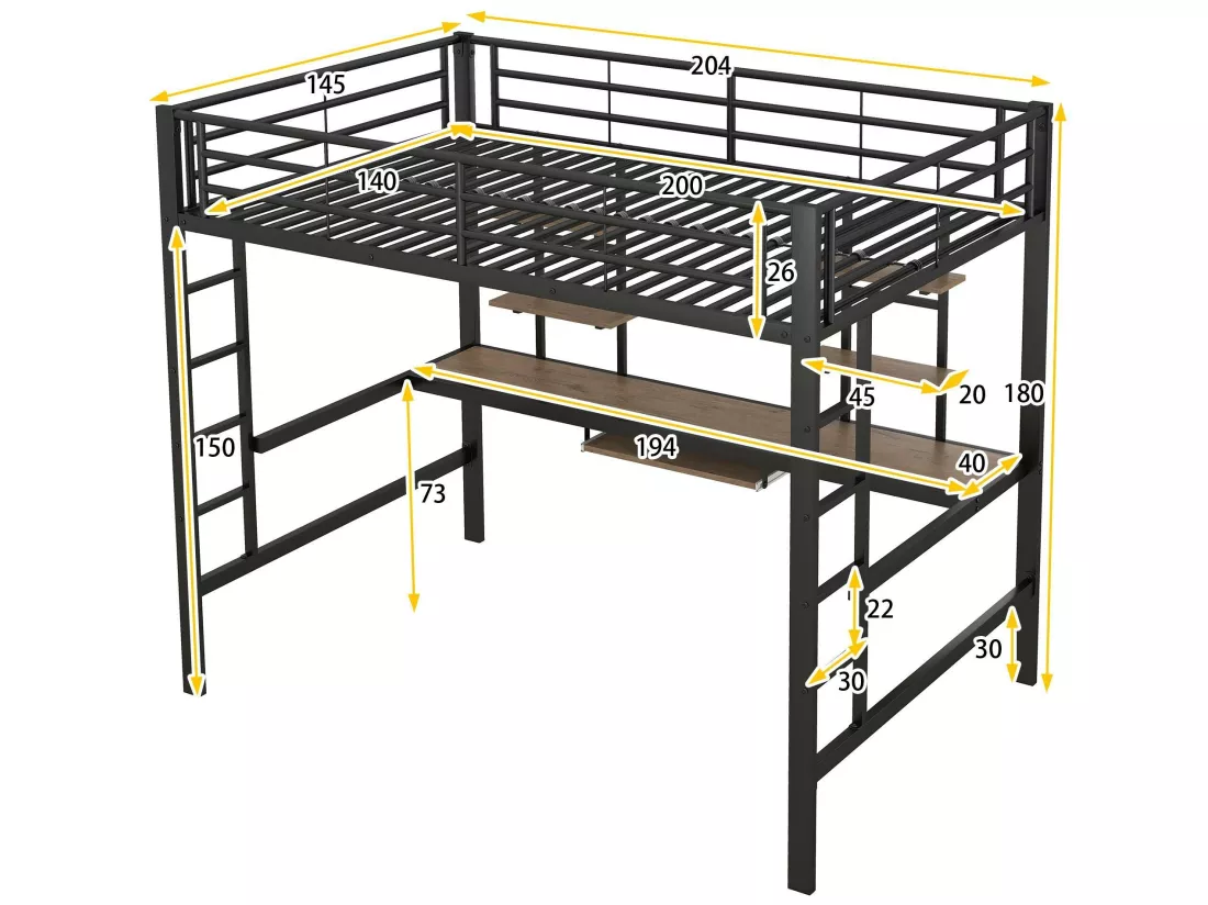 Lit mezzanine 140x200cm - avec bureau et étagères - cadre en métal - Noir