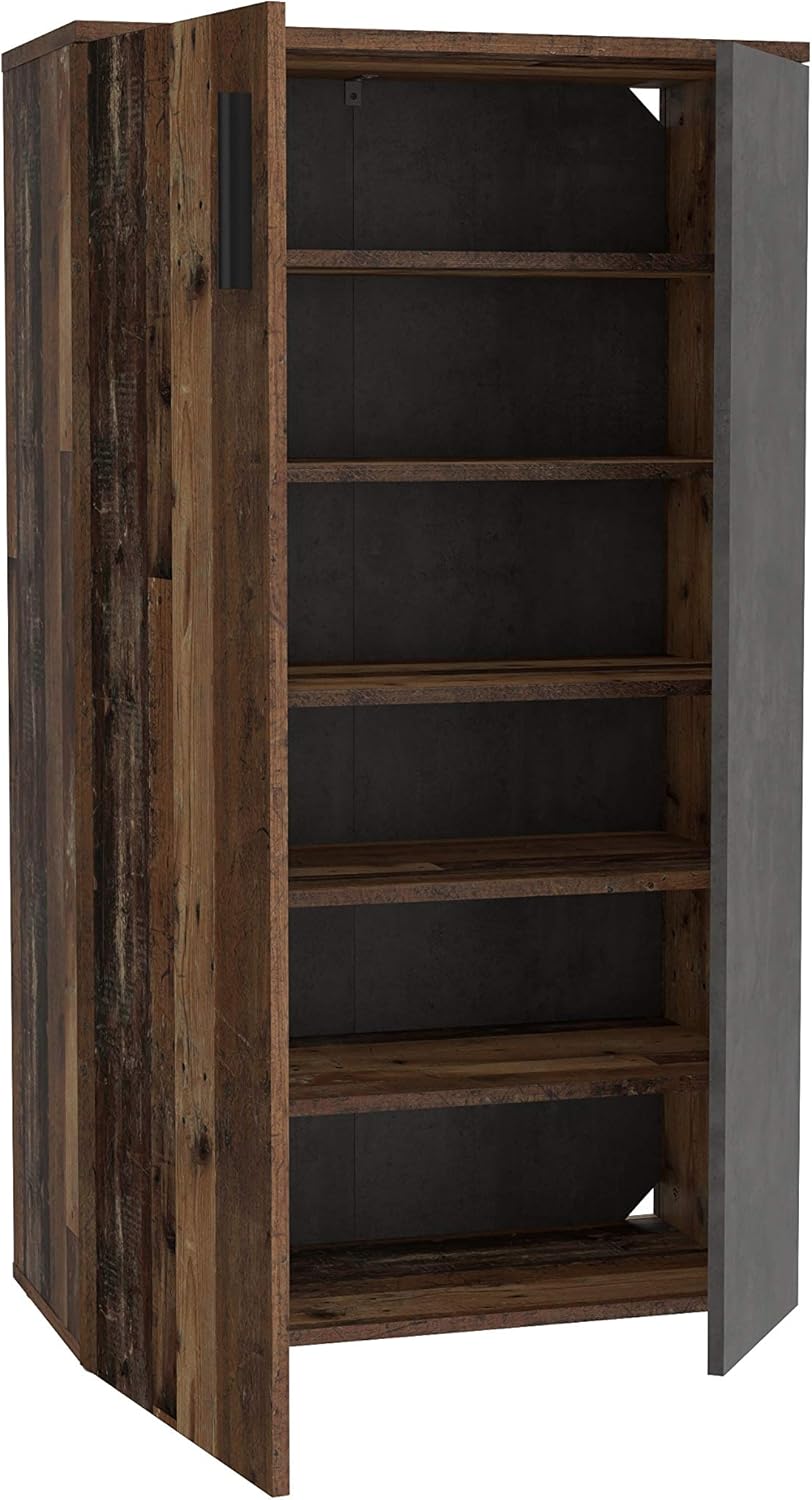 Forte Boots Schuhschrank klein mit 2 Türen, Holzwerkstoff, Old Wood Vintage Dekor + Betonoptik Dunkel, 68.90 x 34.79 x 120,41 cm
